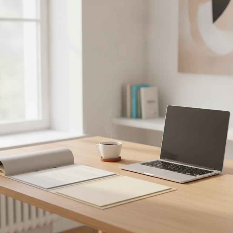 Arbeitsplatz eines IT-Freiberuflers mit Laptop, Kaffee und Unterlagen