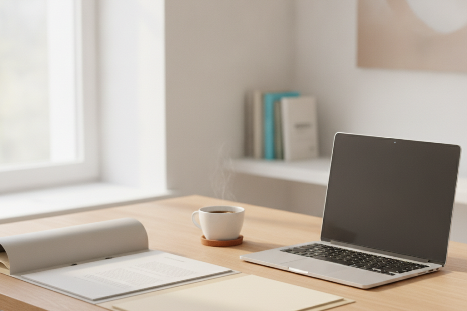 Arbeitsplatz eines IT-Freiberuflers mit Laptop, Kaffee und Unterlagen