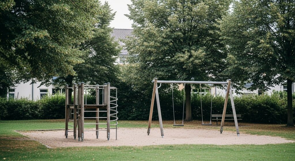 Leerer Spielplatz mit Schaukel und Klettergerüst zwischen alten Bäumen in einem Wohnviertel