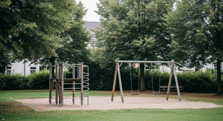 Leerer Spielplatz mit Schaukel und Klettergerüst zwischen alten Bäumen in einem Wohnviertel
