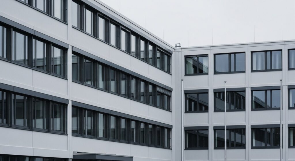 Fassade eines schlichten Verwaltungsgebäudes mit gleichmäßigen Fensterreihen bei bedecktem Morgenlicht
