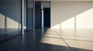 Leerer Bürogang mit raumhoher Glastrennwand und einer scharfen Licht-Schatten-Kante auf dem Betonboden
